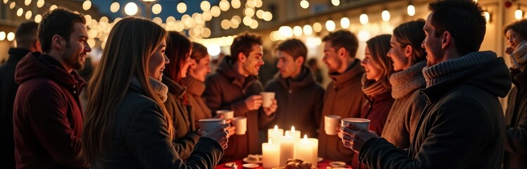 Group of friends enjoys hot drinks at Christmas market. People are smiling and chatting. Festive atmosphere with warm lights and candles. It is a winter evening. The event is a seasonal celebration.