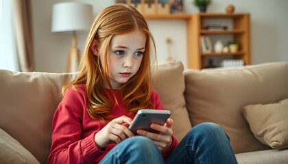 Young redhead teenager child girl use smartphone typing browsing, loses becoming surprised sudden lottery results, bad news, fortune loss, fail. Ginger female children kid at home living room couch 