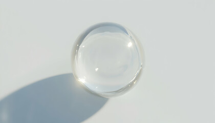 A clear glass sphere casts a soft shadow on a light gray background, minimalist and serene.