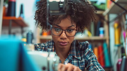 Focused African American Woman Seamstress Concentrating on Sewing in a Colorful Workshop. Concept of Creativity, Skillful Craftsmanship, Fashion Design, Dedication to Art
