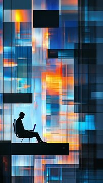 Abstract art representing the city with a man in silhouette alone sitting in a chair holding a laptop. Evokes a sense of loneliness in the digital world.