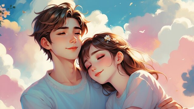  Young couple sitting closely with eyes closed in happiness