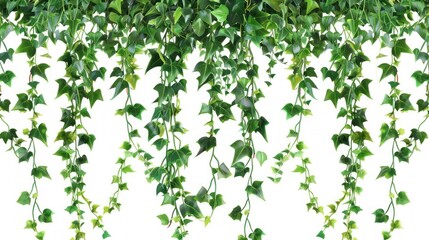 Hanging ivy leaves, lush green foliage, isolated on white background.
