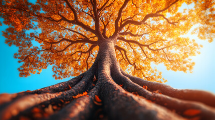 Majestic autumn tree viewed from below, showcasing vibrant orange leaves and sprawling roots against a clear blue sky.  A breathtaking display of nature's beauty and strength.