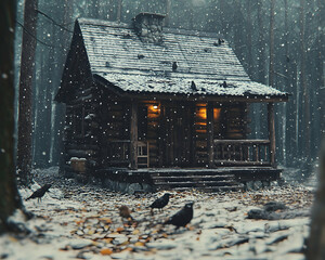Cozy log cabin nestled in a snowy winter forest, illuminated by warm interior light, birds perched on the roof.