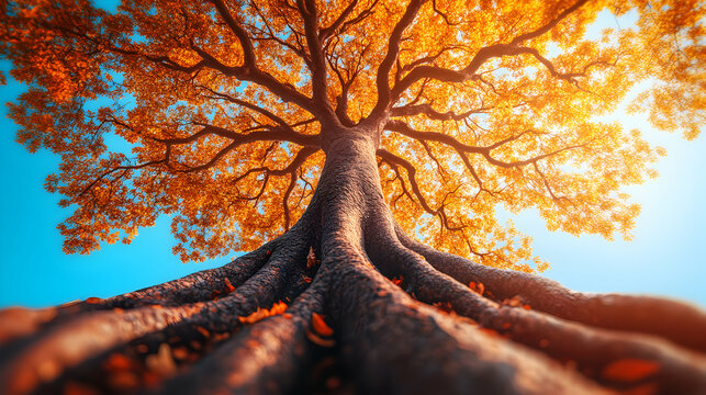 Majestic autumn tree viewed from below, showcasing vibrant orange leaves and sprawling roots against a clear blue sky.  A breathtaking display of nature's beauty and strength.