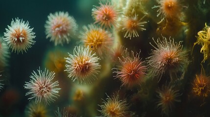Underwater scene with vibrant, colorful sea anemones.