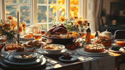 Sunlit Thanksgiving feast on rustic table.