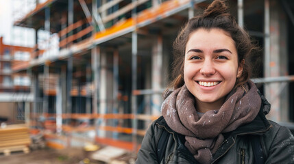 Fototapeta premium Young Female Architect Smiling with Confidence at Construction Site. Concept of Women in Architecture, Career Achievement, Professional Success, and Urban Development. Copy space