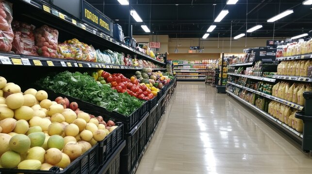 Variety of fresh, organic fruits and vegetables in grocery store