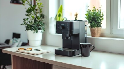 Fototapeta premium Modern Coffee Machine in a Sunlit Office Kitchen with Plants. Concept of Workplace Refreshment, Contemporary Design, Greenery Influence, and Efficient Coffee Breaks