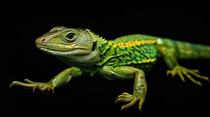 Fototapeta premium Close-up of a vibrant green lizard with yellow and white patterns on a black background.