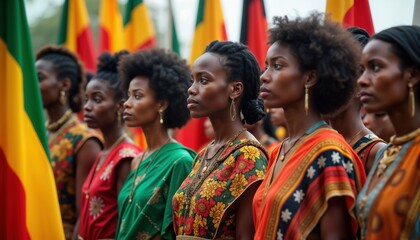 Diverse group of people stand united holding colorful flags. African women wear traditional clothing. Possible Black Awareness Day event. Community unity, cultural heritage. Potentially demonstration