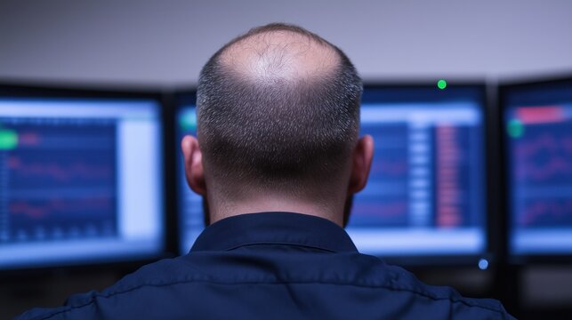 Analyzing Stock Market Data on Multiple Monitors in Dark Office Setting for Financial Insights and Investment Strategies
