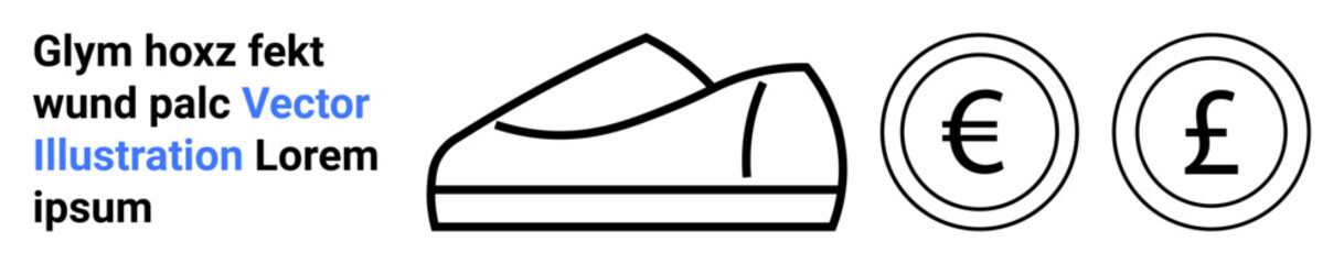 Black outline of a shoe with Euro and Pound currency symbols in circles. Ideal for e-commerce, apparel stores, financial services, online shopping, footwear businesses, international