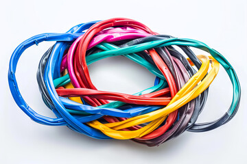 Vibrant minimalistic display of twisted internet wires showcasing colorful network concepts. White background