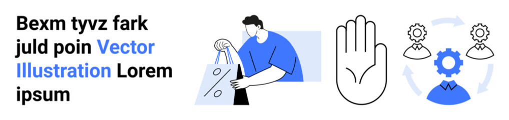 Businessman using a reusable bag, open hand gesture symbolizing stop or attention, interconnected gears with person icons, and sample text. Ideal for sustainability, communication, teamwork