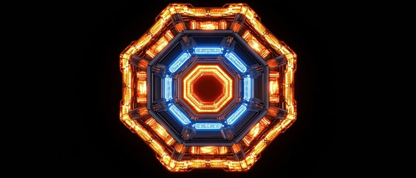 Octagonal abstract glowing neon light mandala.