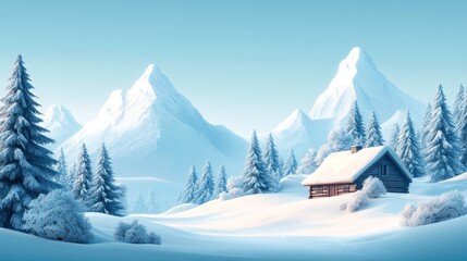 Snowy cabin nestled in a winter mountain landscape.