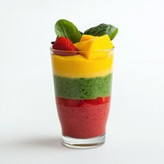 Colorful rainbow smoothie in a layered glass. Featuring strawberries, mango, and spinach