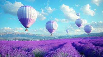 Fototapeta premium Colorful hot air balloons over a vibrant lavender field under a clear blue sky.