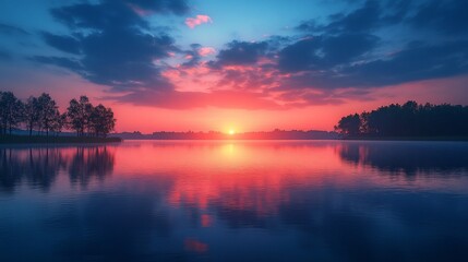 Obraz premium Serene Sunset Over Calm Lake With Trees