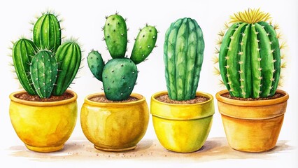 Hand Drawn Green Cactus Illustrations in Yellow Pot