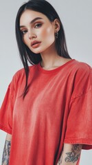 Fototapeta premium Young Woman in Pastel Coral T-Shirt