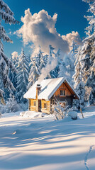 Fototapeta premium Snow-Covered Cabin in a Winter Landscape Surrounded by Pine Trees and Clear Blue Sky. Concept of Winter Tranquility, Solitude, Nature's Beauty, and Cozy Retreat. Vertical
