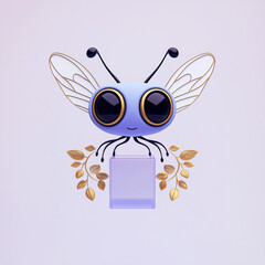 Obraz premium Adorable Insect with Golden Wings and Block, Minimalist Fantasy Character Art 