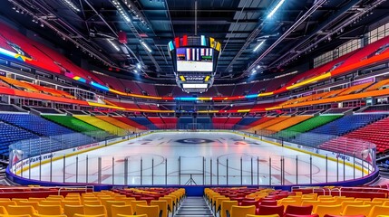 Colorful Empty Hockey Arena with Clean Ice and Vibrant Seats. Concept of Sports Venues, Stadium Design, Modern Architecture, and Indoor Arenas