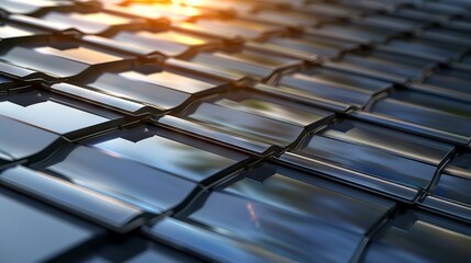 Close-up view of modern metallic roof tiles with a reflective surface, arranged in a sleek overlapping pattern. Concept of architectural roofing, durable materials, energy-efficient design. Background