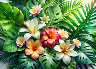Obraz premium Hawaiian Flowers & Monstera Double Exposure