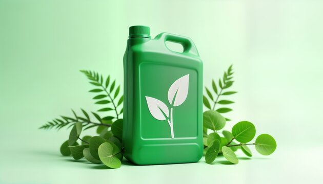 Green fuel container biofuel. Plant symbol represents sustainable bioethanol biodiesel. Eco-friendly alternative energy resource. Container placed amongst fresh green plants. Renewable energy