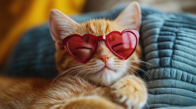 Valentine’s Day love pet kitten cat dressed wearing red heart shape glasses isolated white background. Cute kitty animal happy birthday party invitation card invite wear fancy glam sunglasses shades