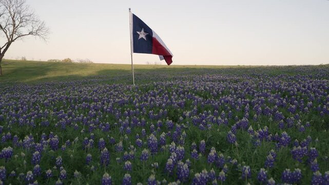 Texas Flag Blowing In The Wind In Field of Bluebonnets With Blue Sunset Sky Pan Up Drone Shot