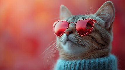 Naklejka premium The funny cat wears red sunglasses