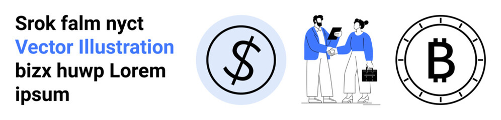 Dollar sign, two people shaking hands in business attire holding documents, and Bitcoin symbol. Ideal for finance, cryptocurrency, business partnerships, digital currency, investment, collaboration