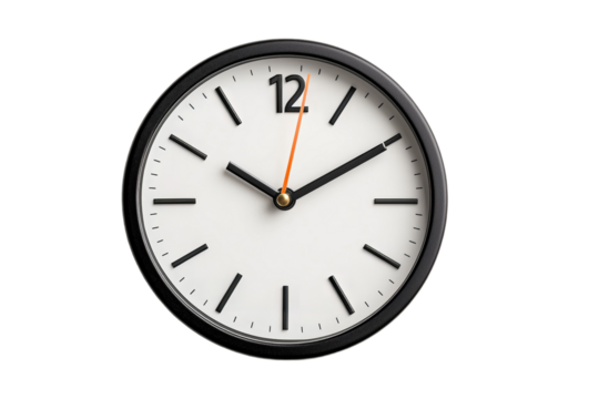 A black and white clock with the hands at 12 and 3