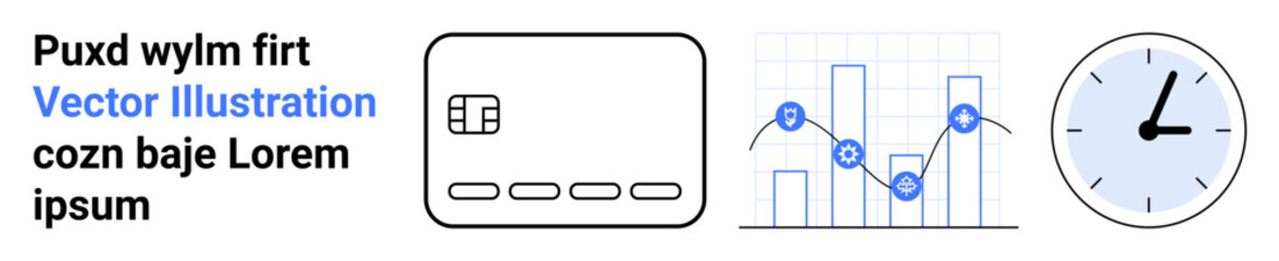 Credit card, bar chart with trend line, and analog clock beside placeholder text. Ideal for financial reports, business presentations, time tracking tools, data analysis, digital marketing, planning