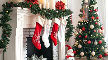 Fototapeta premium Festive Christmas fireplace with stockings and decorated tree. Concept of holiday decorations, interior design, Christmas family gathering, seasonal home decor