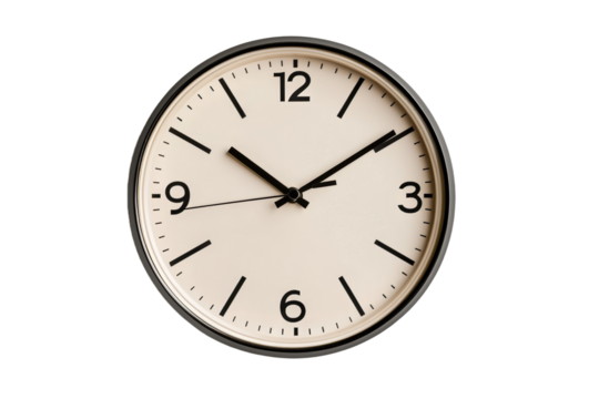 A white clock with black hands showing the time as 12:00