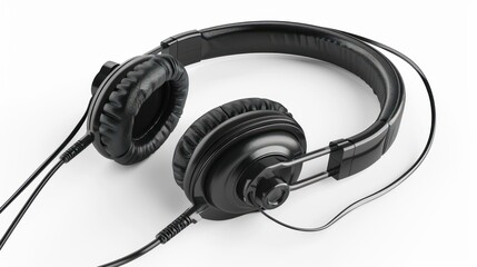 Black headphones on a white background.