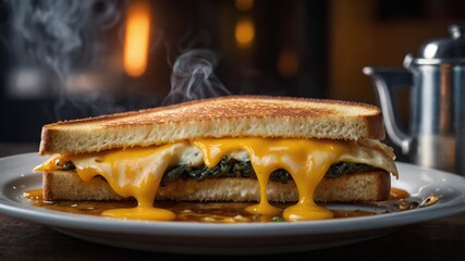 A delicious grilled cheese sandwich with melted cheese, spinach, and a crispy golden crust.