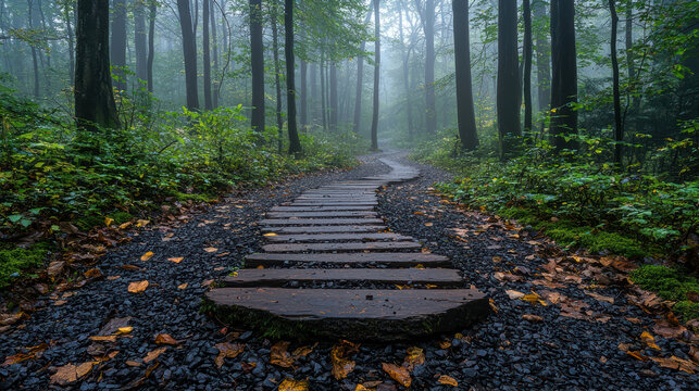 tranquil forest path in morning mist, surrounded by lush greenery