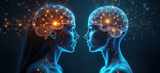 Two female profiles face. Heads show abstract brains with glowing connections. Conceptual illustration represents communication, insight. Digital tech style. Focus on minds connecting. Mental energy.