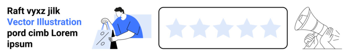 Man holding a percentage sign, five stars rating system in the center, and megaphone on the right side. Ideal for marketing, feedback, customer reviews, promotions, product ratings, brand advocacy