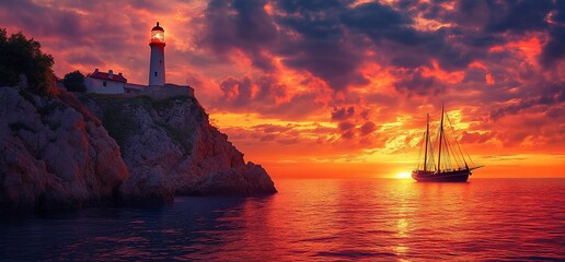 Dramatic sunset over ocean with lighthouse and sailboat.