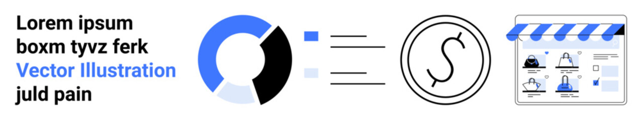 Pie chart next to dollar sign, connected by lines to online storefront graphic with awning. Ideal for finance, e-commerce, market analysis, data visualization, online shopping, business plans