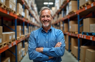 Obraz premium Confident male supervisor stands in warehouse. Looks directly at camera with happy smile. Arms crossed over chest. Dressed in light blue shirt. Many boxes stacked on shelves around in large warehouse
